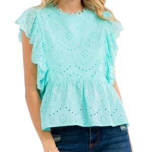 Eyelet & Ruffle 💯 Cotton Mint Green Top